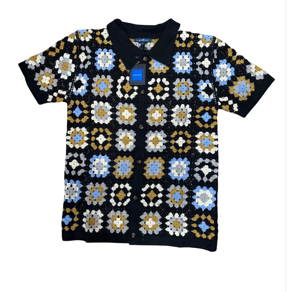 Men’s Black and Blue Button Down Shirt with Geometric Pattern